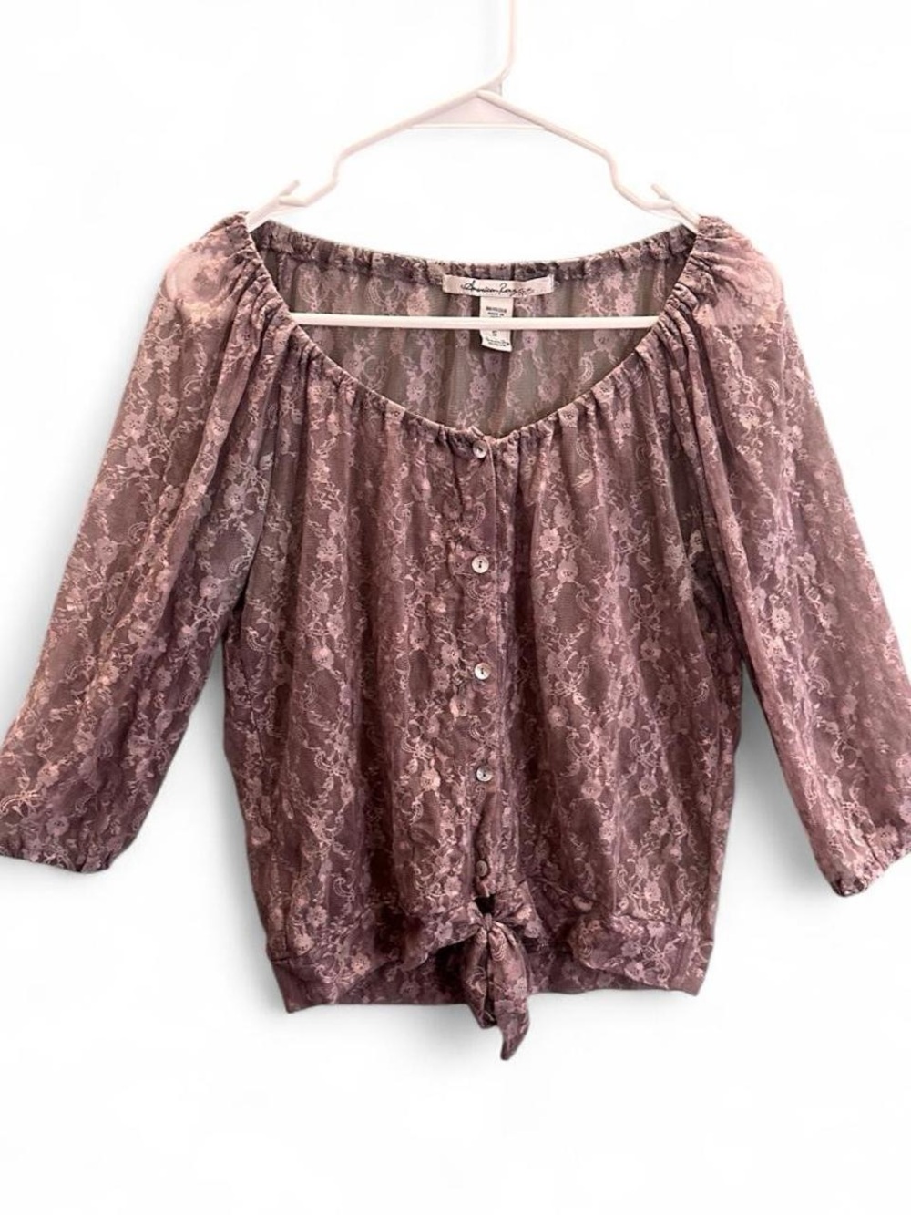 American Rag Grey and Lavender Sheer Button Up 3/4 Sleeve Blouse Size S